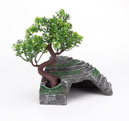 Reptile Simulation Rock Hide-Resin Amphibian Hideouts Cave Size 3.94'' x 1.77'' with Plastic Tree 7.87'',Habitat for Bearded Dragon Turtles Lizards Snakes Crab Gecko Leopard Spider Fish Zhildmosin
