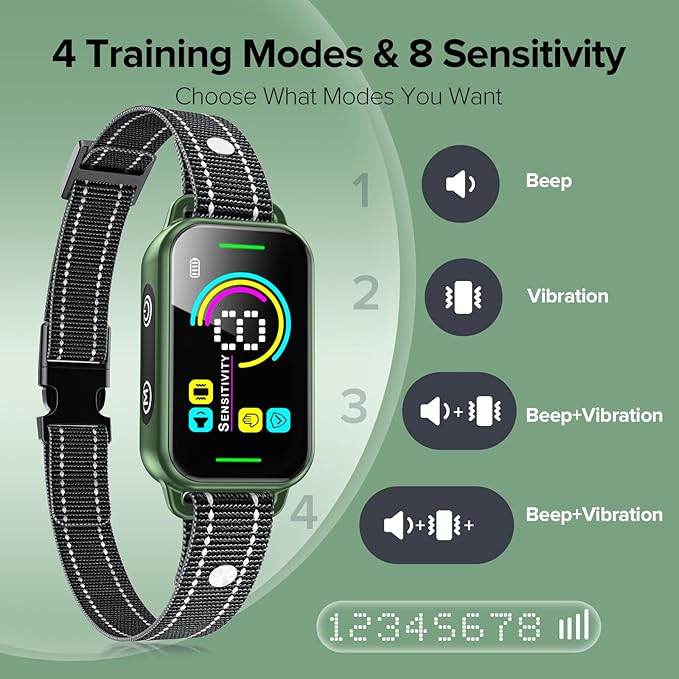 Dog Bark Collar, DINJOO Bark Collar for Large Medium Small Dogs,Smart Bark Collar,Rechargeable Anti Barking Training Collar with 8 Adjustable Sensitivity,Bark Collar with Beep（Dark Green） DINJOO