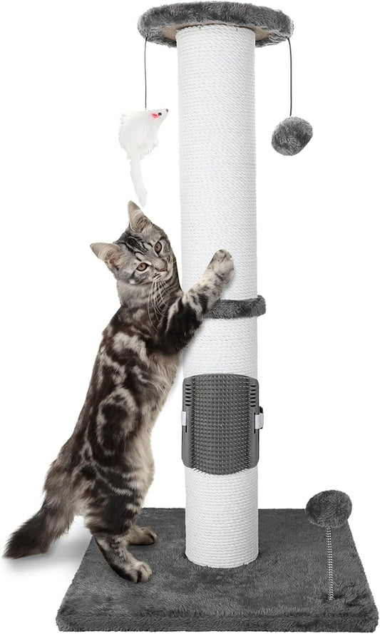 34 Inches Cat Scratching Post Heavy Duty and Thicker Cat Self Grooming with Hanging Toys and Sturdy Handmade Rope, Grey - PAWPICO