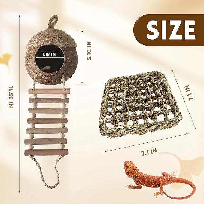 Lizard Coco Den with Ladder,Leopard Gecko Coconut Husk Hut Hideout Home Reptile Hammock Climbing Hanging Plants Decor Habitat Tank Accessories for Bearded Dragon Chameleon Snake Hermit Crab MUYG