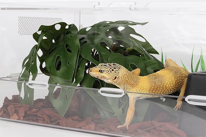 Reptile Plants for Terrarium, Ball Python Tank Decor Accessories fit Bearded Dragon Crested Leopard Gecko Lizard Chameleon Snake Frog Tortoise Hermit Crab - Fake Swiss Cheese Plants WOLEDOE