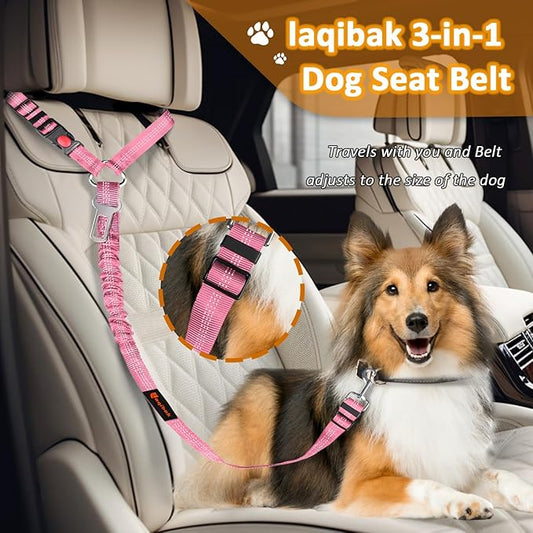 Removable Dog Seat Belt Harness for Car, 3 in 1 Pet Dog Car Seatbelt Leash, Retractable Restraint Secures to Vehicle Headrest & Adjustable Reflective Bungee Dog Seatbelt Tether, Pink laqibakProductcollection