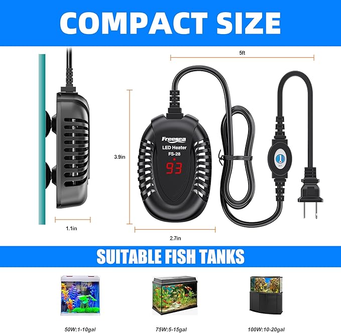 FREESEA Aquarium Fish Tank Heater: 75W Small Submersible Turtle Heater with Adjustable Temperature External Controller for Betta | Saltwater | Freshwater | 5-15 Gallon FREESEA