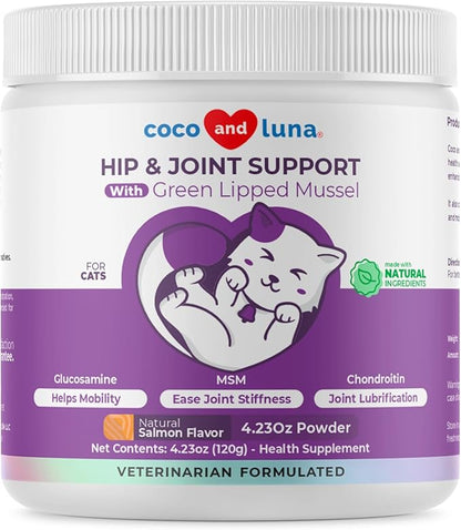 Glucosamine for Cats - 4.23oz/120g Powder - Hip and Joint Supplement for Cats with Green Lipped Mussel, MSM, Chondroitin, and Vitamin E (for Cats) CocoandLuna