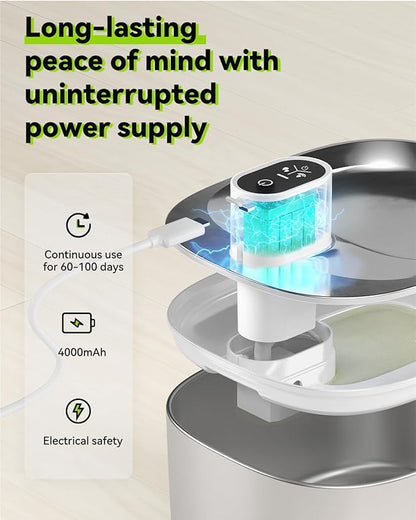 Wireless Cat Water Fountain, 135 fl oz/4L Battery Operated Cat Fountain Stainless Steel with Water Level Window, 3 Work Modes, Cordless Pet Water Fountain for Cats, Dogs, Pets, Inside - PAWPICO