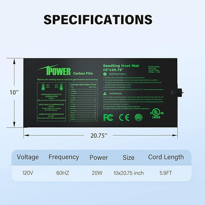 iPower 10" x 20.75" Seeding Heat Mat Upgraded Carbon Film Indoor Warm Hydroponic Plant Germination Starting Pad Durable Waterproof, Black iPower