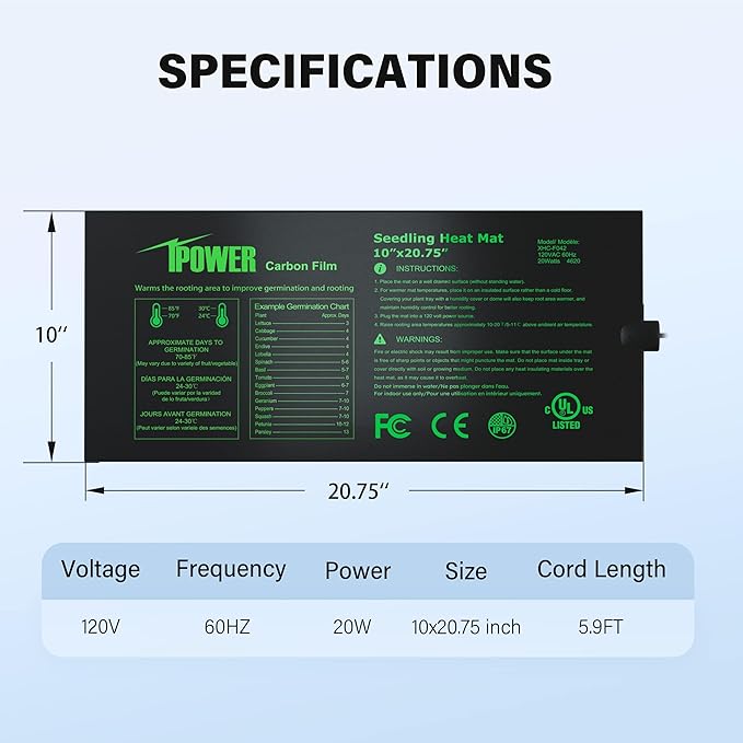 iPower 10" x 20.75" Seeding Heat Mat with New-Upgraded Carbon Film, Indoor Gardening Plant Germination Starting Pad, Durable Waterproof, Black iPower