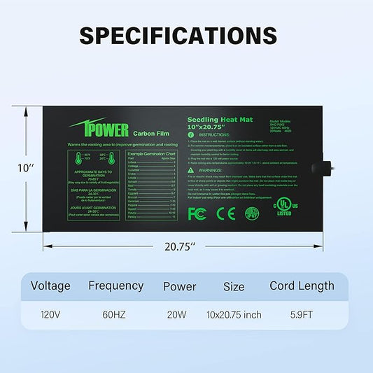 iPower 10" x 20.75" Seeding Heat Mat with New-Upgraded Carbon Film, Indoor Gardening Plant Germination Starting Pad, Durable Waterproof, Black iPower