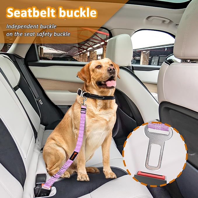 Removable Dog Seat Belt Harness for Car, 3 in 1 Pet Dog Car Seatbelt Leash, Retractable Restraint Secures to Vehicle Headrest & Adjustable Reflective Bungee Dog Seatbelt Tether, Purple and Black laqibakProductcollection
