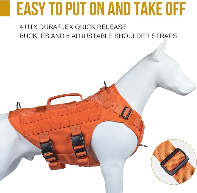 OneTigris Tactical Dog Harness for Small Dog, No Pull Small Dog Vest Harness Breathable Military Dog Molle Vests with Handles, Harness for Walking Hiking Training (Orange, XS) OneTigris