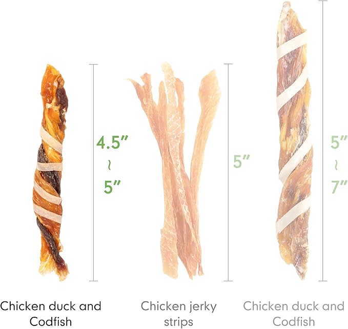 MON2SUN Dog Treats, Triple Flavor Jerky Twist Sticks, 4.5-5 Inch Chicken Duck and Codfish Sticks Dog Chews for Small Dogs, Healthy Dog Snacks, 17.64 oz (50 Count-Pack of 1) - PAWPICO