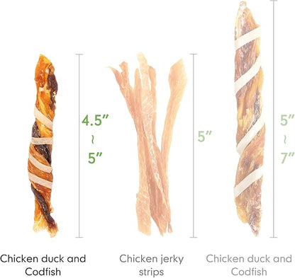 MON2SUN Dog Treats, Triple Flavor Jerky Twist Sticks, 4.5-5 Inch Chicken Duck and Codfish Sticks Dog Chews for Small Dogs, Healthy Dog Snacks, 17.64 oz (50 Count-Pack of 1) - PAWPICO