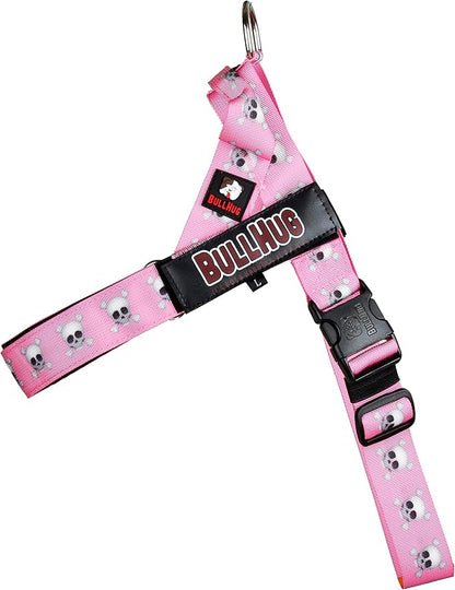 BULLHUG Harness – Made for Larger Chested Dogs Like English Bulldogs, French Bulldogs, Pugs & More. Stops Dogs from Pulling & Choking on Walks (Pink Skull, XL) BULLHUG