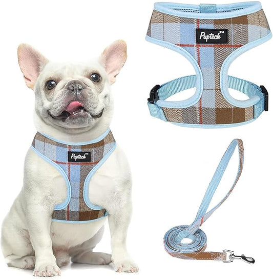 PUPTECK Soft Mesh Dog Harness and Leash Set Pet Puppy Cat Comfort Padded Vest No Pull Harnesses, Blue&Brown, M PUPTECK