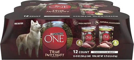 Purina ONE True Instinct Tender Cuts in Gravy With Real Turkey and Venison, and With Real Chicken and Duck High Protein Wet Dog Food Variety Pack - (Pack of 12) 13 oz. Cans - PAWPICO