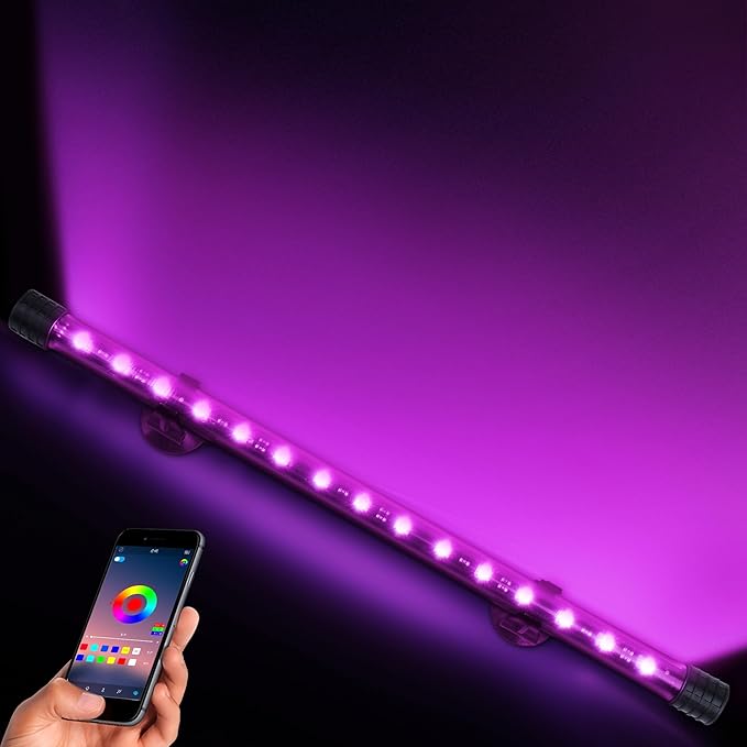 Smart App-Controlled RGB LED Aquarium Light with 16 Million Colors & 12 Dynamic Effects, Underwater Fish Tank Light with Timer, Submersible LED Lights with Adjustable Brightness and Speed - 15'' POZANKI