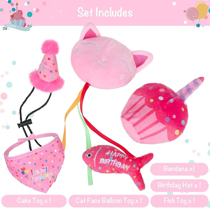 BINGPET Catnip Toys for Indoor Cats, Cat Birthday Hat and Interactive Plush Kitten Chew Toys - Cute Cake, Fish, Balloon Toys with Crinkle Paper and Catnip Inside Pink - PAWPICO
