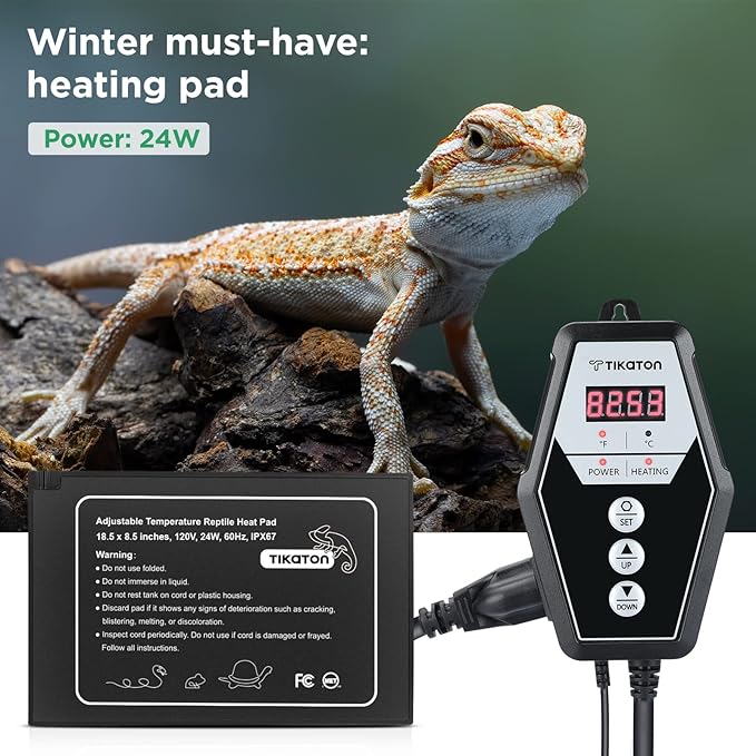 Tikaton Reptile Heating Pad and Digital Thermostat Combo Set, Under Tank Heater for 10-20gal/30-40gal Tank, Terrarium Heat Mat for Turtle/Snake/Lizard/Frog/Spider/Plant Box Tikaton