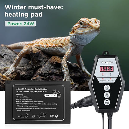 Tikaton Reptile Heating Pad and Digital Thermostat Combo Set, Under Tank Heater for 10-20gal/30-40gal Tank, Terrarium Heat Mat for Turtle/Snake/Lizard/Frog/Spider/Plant Box Tikaton