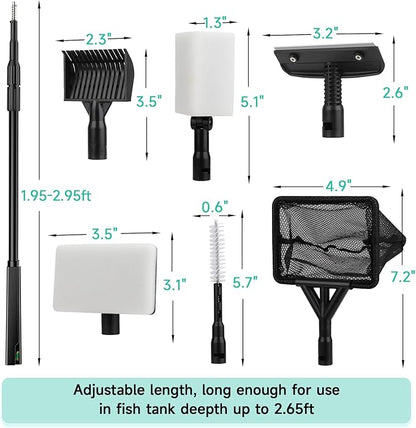 hygger 6-in-1 Aquarium Cleaning Tools, Multipurpose Fish Tank Cleaning Kit for 20-160 Gallon Tank with Telescopic Long Handle,6 Clean Heads hygger