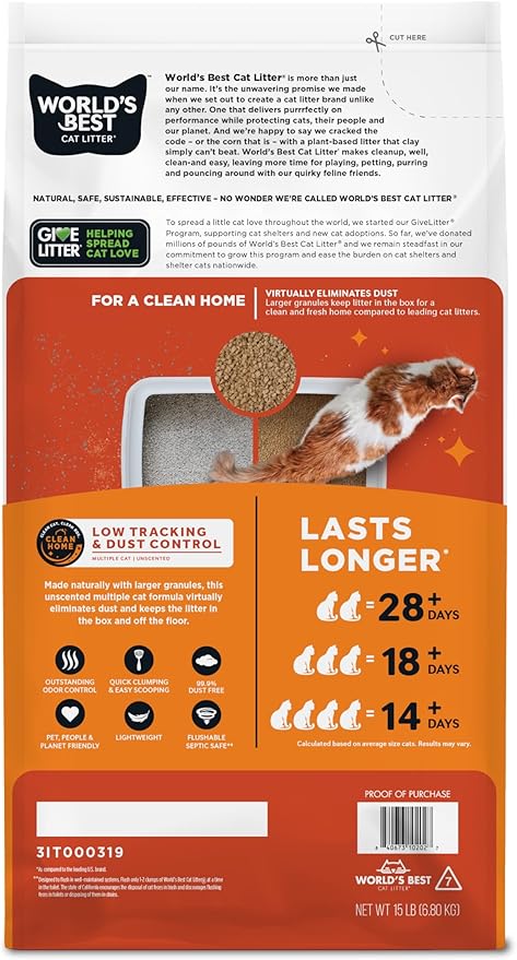 WORLD'S BEST CAT LITTER Low Tracking & Dust Control Multiple Cat Unscented 15-Pounds - Natural Ingredients, Quick Clumping, Flushable & Made in USA - Long-Lasting Odor Control & Easy Scooping - PAWPICO