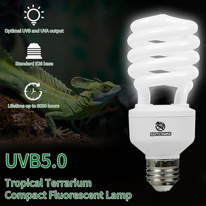 UVB Reptile Light 5.0, 13W Tropical and Sub-Tropical UVA UVB Bulb for Reptiles, Tropical Terrarium Compact Fluorescent Lamp, Reptile UVB Light Bulb for Chameleons, Iguanas and Turtles REPTIHOME