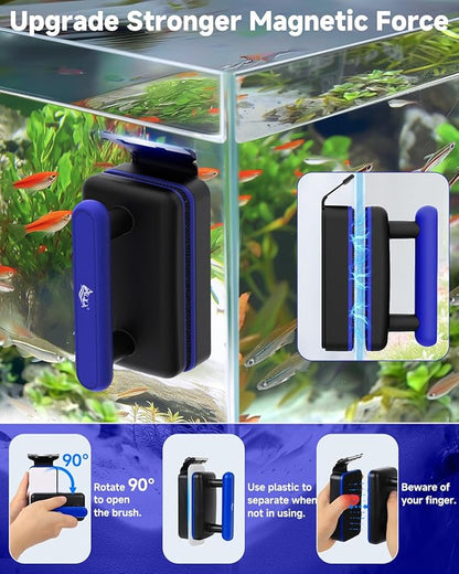AQQA Magnetic Aquarium Fish Tank Glass Cleaner, Dual-Blades Algae Scraper Glass Cleaner Scrubber, Double Side Floating Aquarium Magnetic Brush for 0.2-0.4 Inch Thick Glass Aquariums Tank (M) AQQA