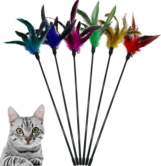 Cat Wand Toy Feather Stick Cat Toys, 6 PCS Cat Feathers Wand Toy, Interactive Cat Toy Feather Wand for Indoor Cats - PAWPICO