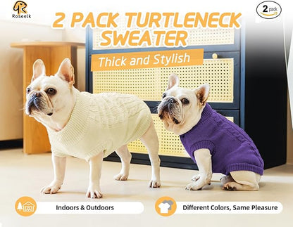 2 Pack Dog Sweaters for Small Dogs - Puppy Medium Warm Clothes in Winter, Turtleneck Pullover Design for Boy Girl Pet, Doggie, Cat, Kitten Chihuahua Bulldog Pug Beagles (M, Purple, Beige) - PAWPICO