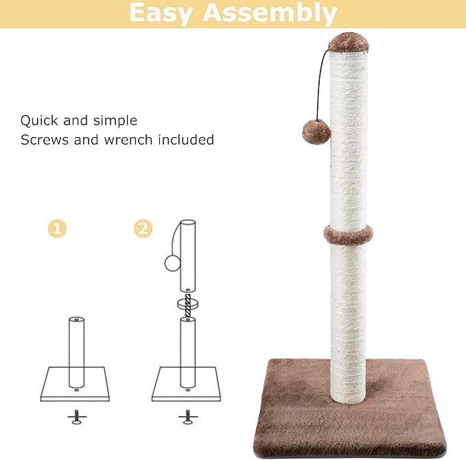 Dimaka 34" Tall Cat Scratching Post for Large Cats and Kittens, High Vertical Scratcher with Premium Natural Sisal Rope and Interactive Hanging Ball for Indoor Cats (Dark Brown, 34 inches) - PAWPICO