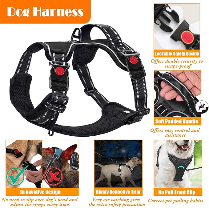 No Pull Dog Harness, Collar & Leash Set | Includes Dog Seat Belt, Collapsible Bowls & Poop Bag Dispenser. Ideal for Training, Walking, Hiking. Fits Small to Large Dogs(Orange-M) Lovebegetslove