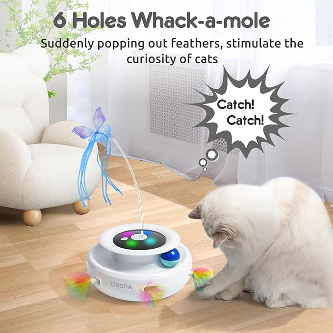 ORSDA Cat Toy, 3-in-1 Automatic Cat Toys for Indoor Cats, Electronic Whack a Mole, Fluttering Butterfly,Track Balls Kitten Toy, Rechargeable Power Interactive Feather Toys for All Breeds - PAWPICO