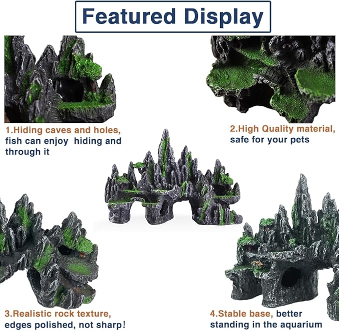 Large Fish Tank Decorations Fish Tank Decor Aquarium Rock Mountain View Aquarium Ornament Tree House Cave Fish Tank Rocks for Large Fish Tank Glofish Tank Decorations - 13 Inches Long GOLOMOZ