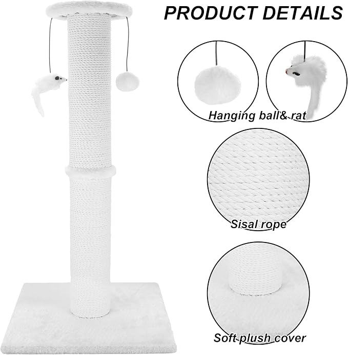 Cat Scratching Post 34 Inches Heavy Duty and Thicker Cat Scratching Post Sisal Rope with Hanging Ball and Mice Scratching Post for Indoor Cats and Adult(White) - PAWPICO