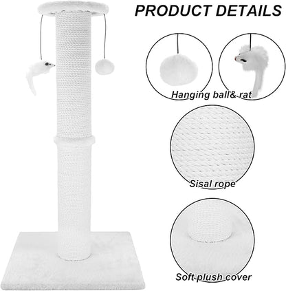 Cat Scratching Post 34 Inches Heavy Duty and Thicker Cat Scratching Post Sisal Rope with Hanging Ball and Mice Scratching Post for Indoor Cats and Adult(White) - PAWPICO
