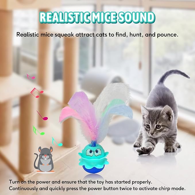 LEWISER Cat Toys Monster, 3in1 Rechargeable Automatic Interactive Cat Toy for Indoor Cats Exercise, Real Feathers, Silicone and Butterfly Tail, LED Lighting, Mice Squeak Chirping, Blue - PAWPICO