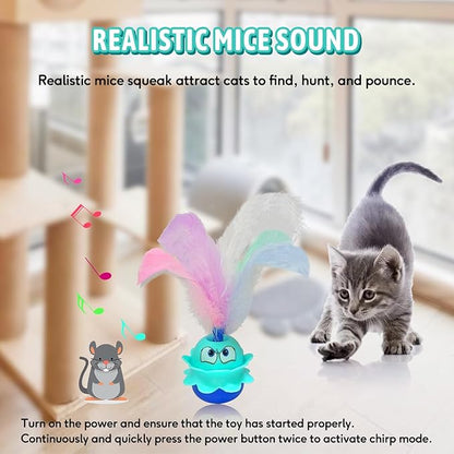 LEWISER Cat Toys Monster, 3in1 Rechargeable Automatic Interactive Cat Toy for Indoor Cats Exercise, Real Feathers, Silicone and Butterfly Tail, LED Lighting, Mice Squeak Chirping, Blue - PAWPICO
