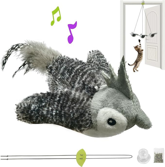 LEWISER Cat Toys Chirp Chickadee, Interactive Cat Feather Toys, Retractable Cat Teaser Toy, Hanging Toys for Indoor Cats Exercise, Kitten Kitty Fun Mental Physical Toys, Grey (1 Pack) - PAWPICO