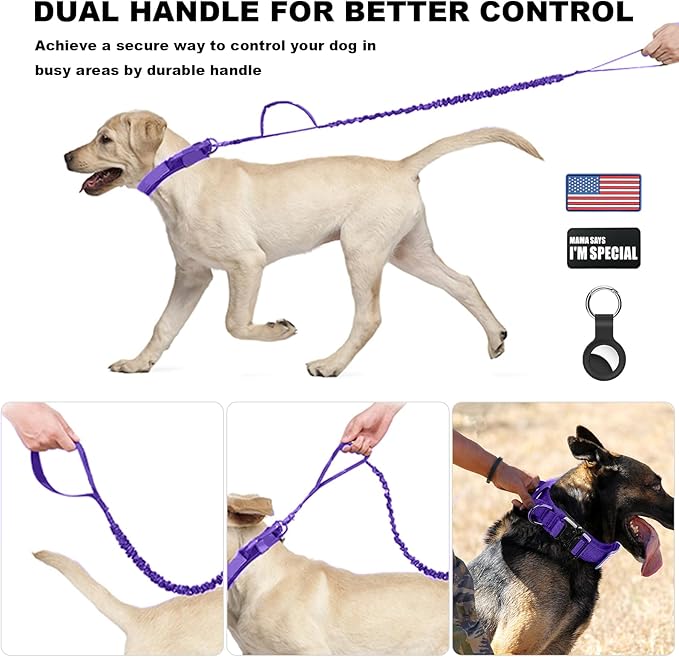 Tactical Dog Collar and Bungee Leash,Military Dog Collar & Leash Set with USA American Flag Adjustable K9 Collar with Heavy Duty Metal Buckle & Handle,with Patches and Airtags Case (Purple, M) Celifelight