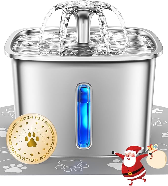 Veken Innovation Award Winner Stainless Steel Cat Water Fountain, 95oz/2.8L Automatic Pet Fountain Dog Water Dispenser with Replacement Filters & Silicone Mat for Cats, Dogs, Multiple Pets (Silver) - PAWPICO
