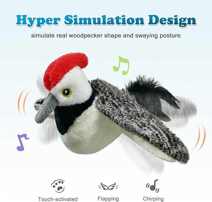 LEWISER Woodpecker Cat Toys, Rechargeable Simulation Bird Cat Toy, Flapping Wings and Lively Chirping, Interactive Catnip Toys for Kitten Kitty Exercise, Touch Activated - PAWPICO