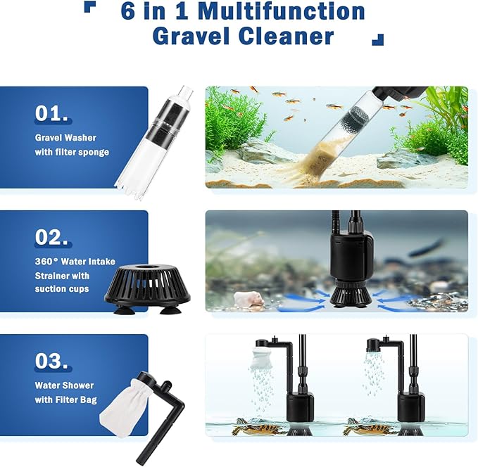 AQQA Aquarium Gravel Cleaner Kit, 6 in 1 Electric Fish Tank Vacuum Cleaning Tools Water Changer, Multifunction Wash Sand Filter Water Circulation 20W 320GPH 110V AQQA