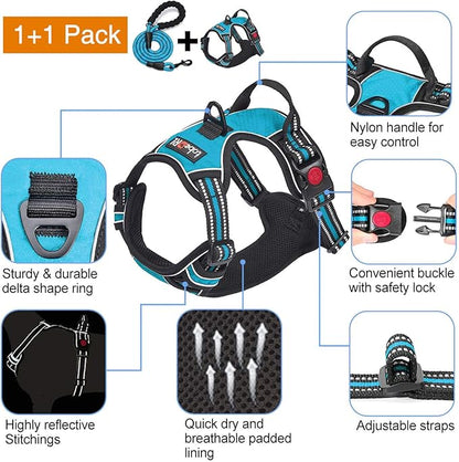 No Pull Dog Harness Adjustable Reflective Oxford Easy Control Medium Large Dog Harness with A Free Heavy Duty 5ft Dog Leash (L (Neck: 18"-25.5", Chest: 24.5"-33"), Blue Harness+Leash) tobeDRI