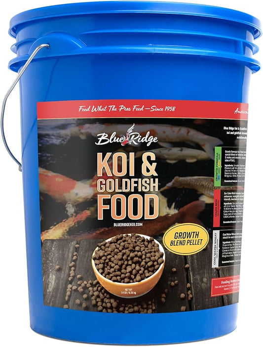 Blue Ridge Koi Fish Food 14lb - Koi Food 3/16” Large and Mini Blend Growth Formula, Goldfish Food, Premium Fish Food for Ponds, Ponds Fish Food, Floating Pond Pellets BlueRidgeFishHatchery