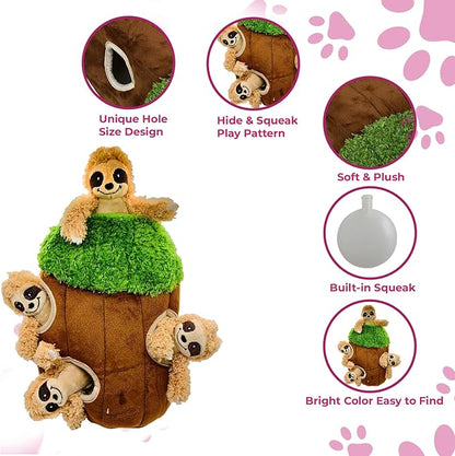 Sloth in Tree Hide and Seek Dog Toy for Small and Medium Size Dogs, Plush Sloth Inside Trunk Dog Toy with Squeaker, Interactive Burrow Dog Toy (Tree with Sloths, Large) - PAWPICO
