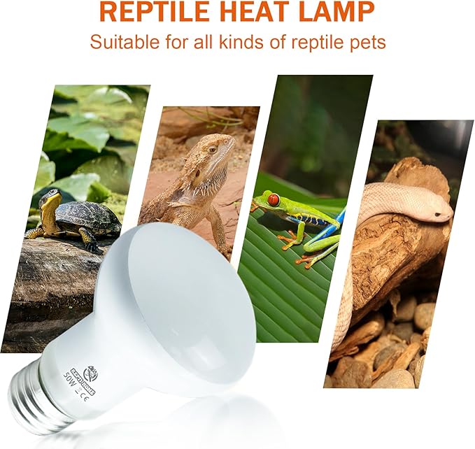 Reptile Heat Lamp Bulbs, Simulate Natural Sunlight Heat Light Bulb, 2 Pack 50W Amphibian Terrarium Basking Spot Lamp for Reptile, Bearded Dragon, Lizard, Turtle, Snake REPTIHOME