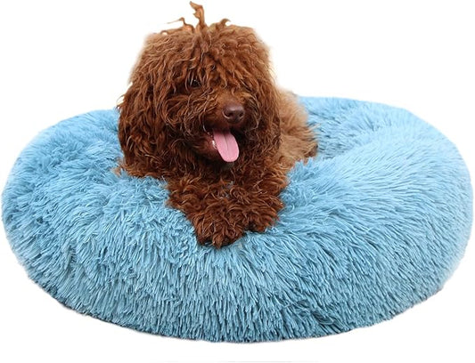 Small Dog Donut Bed for Small Dogs Machine Washable,Calming Donut Blue Dog Bed for Small Puppy with Anxiety，with Fluffy Soft and Comfy Faux Fur Cuddler Pet Bed for Small Pets - PAWPICO