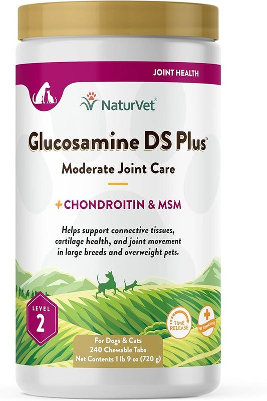 NaturVet Glucosamine DS Plus Level 2 Moderate Care Joint Support Supplement for Dogs and Cats, Chewable Tablets Time Release, Made in The USA, 240 Count NaturVet