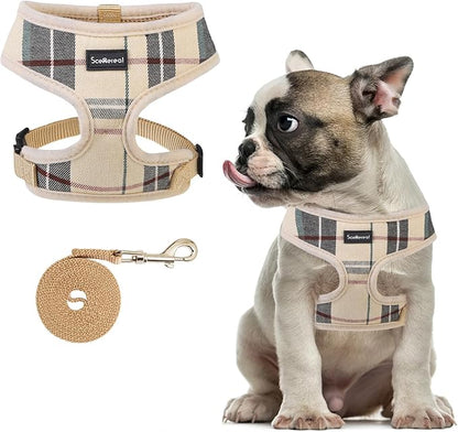 SCENEREAL Puppy Dog Harness with Leash Set for Small Medium Sized Dogs, Soft Mesh Step in Pet Harnesses and Leash, No Chock Plaid Adjustible No Pull Vest for Dogs Cats, Chihuahua,Bulldog (Beige M) SCENEREAL