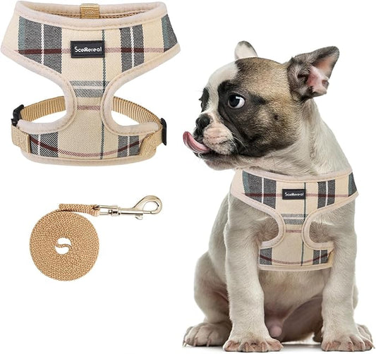 SCENEREAL Puppy Dog Harness with Leash Set for Small Medium Sized Dogs, Soft Mesh Step in Pet Harnesses and Leash, No Chock Plaid Adjustible No Pull Vest for Dogs Cats, Chihuahua,Bulldog (Beige M) SCENEREAL